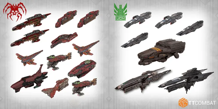 A collection of detailed spaceship miniatures from the Dropfleet Commander: the Dreadhold starter set is displayed. On the left, ships from the Penal Security Corps feature a mix of dark red and metallic colors, showcasing intricate designs and weaponry. On the right, ships from the Eightfold Syndicate exhibit a more industrial look with darker tones and varied shapes, emphasizing their unique characteristics. The UCM logo is positioned in the top right corner.