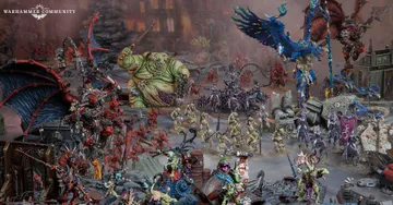 A dynamic scene showcases a variety of Warhammer miniatures representing the forces of Chaos. Prominently featured is a large, green-skinned figure, the Lord of Poxes, wielding a weapon and surrounded by smaller, grotesque Nurgle-themed models. In the foreground, red-armored Khorne warriors and other chaotic entities are depicted, set against a backdrop of ruined structures and a smoky atmosphere, emphasizing the dark and chaotic nature of the 41st millennium.