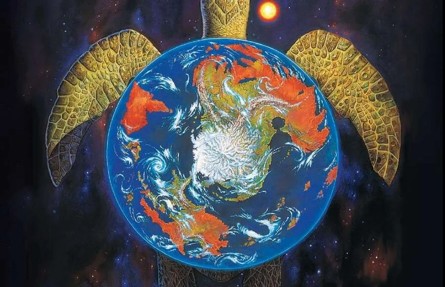 A giant golden turtle carrying a blue globe with continents, stars, and a red sun. Text: "Discworld Adventures in Ankh-Morpork".