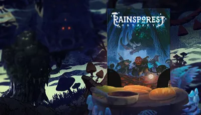 A vibrant, illustrated cover for the game "Rainspores: Odyssey" is prominently displayed in the center, featuring whimsical characters and a lush, fantastical forest backdrop. The scene is filled with oversized mushrooms and a dark, shadowy figure in the background, adding an element of mystery. The color palette includes deep blues and greens, creating an enchanting atmosphere that invites exploration.