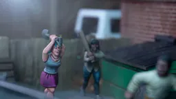 A dynamic scene features three miniature figures in a tense urban setting. In the foreground, a woman with blue hair raises a shovel, while a second figure behind her holds a baseball bat, both appearing ready to confront a threat. A third figure, dressed in a light shirt and blue pants, is seen running away, adding to the sense of urgency in the scene, with a green dumpster and a wooden fence in the background.