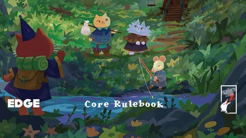 A whimsical illustration features a vibrant forest scene with a variety of anthropomorphic animals. In the foreground, a red cat wearing a wizard's hat and a backpack stands beside a yellow cat in blue clothing, while a blue cat with a mischievous expression and a mouse in a tunic are engaged in activities nearby. A charming wooden house is visible in the background, surrounded by lush greenery and mountains, creating a magical atmosphere. The title "Dungeons & Kittens" and "Core Rulebook" are prominently displayed at the bottom.