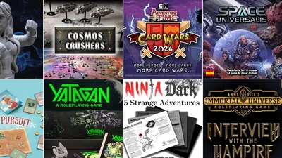 Top-left: Woman in dynamic pose holding a glowing dice with "$$S" symbol and "DICE" partially visible in background. Top-right: Miniature game scene titled "COSMOS CRUSHERS" with space-themed terrain and figures.