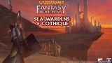 A dark, atmospheric illustration features a High Elf figure in armor, holding a shield, set against a dramatic landscape with a distant castle and mountains under a sunset sky. The title "WARHAMMER FANTASY ROLE-PLAY" is displayed at the top, with "SEA WARDENS OF COTHIQUE" prominently featured below in bold, stylized text. The overall color palette includes deep reds and purples, enhancing the mystical and adventurous theme of the High Elf kingdom.