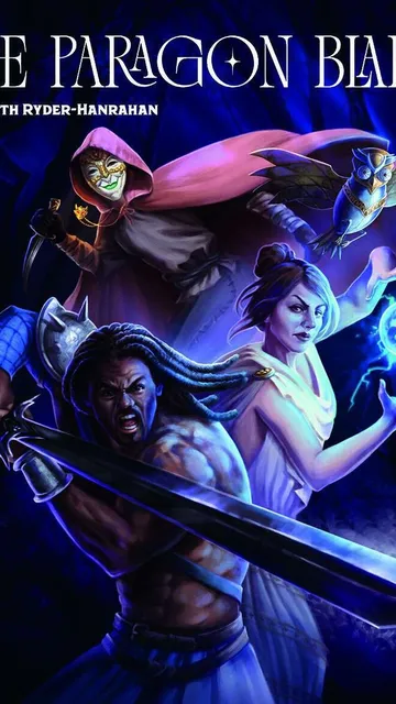 Fantasy heroes in dark setting, glowing orb, sword, owl-like creature, masked figure.