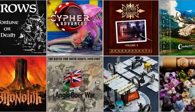 Four tabletop game covers: Cypher Advanced, Letters from the Leagues Volume 5, The Battle for South Africa, and a sci-fi board.