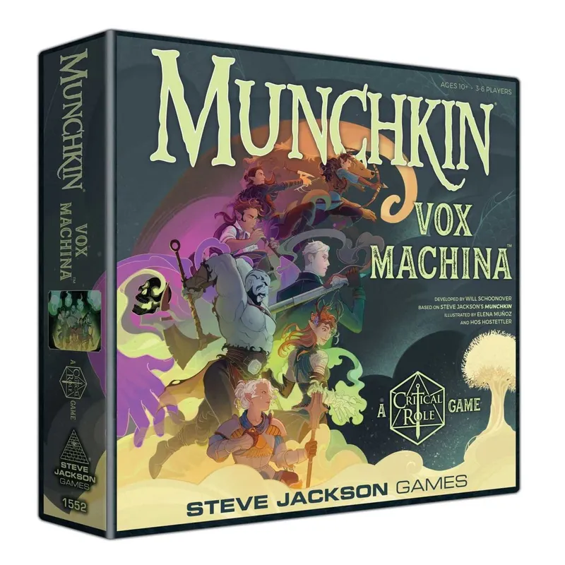Box for the card game "Munchkin Vox Machina" by Steve Jackson Games. The cover art depicts a group of seven fantasy characters standing on a cloud, holding weapons and items, with colorful magical effects and a skull floating nearby. The title "MUNCHKIN" is prominently displayed in large yellow letters at the top, with "VOX MACHINA" in smaller white letters below. The bottom right corner features the Critical Role logo and the text "A Critical Role GAME". The bottom center reads "STEVE JACKSON GAMES". The left side of the box shows the Steve Jackson Games logo and the number "1552". The top right corner indicates "AGES 10+ 3-6 PLAYERS". The bottom left corner credits the developer, basis, and illustrators.