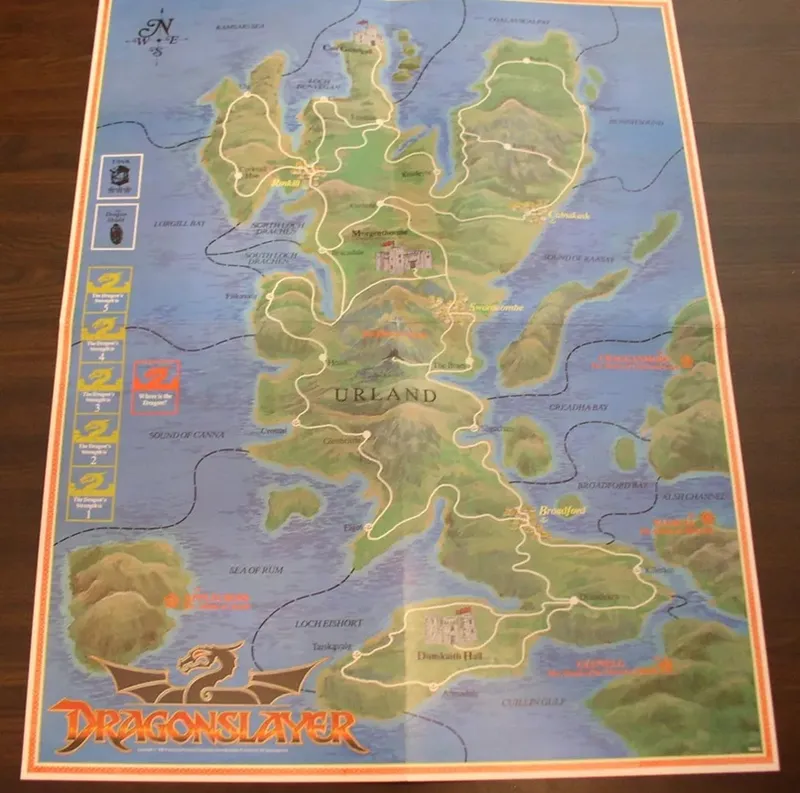 Map of Urland with locations and "Dragonslayer" text.