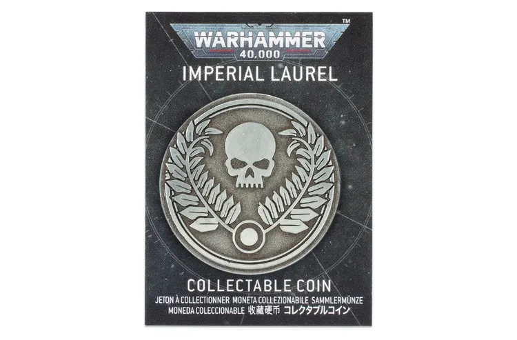 A collectible coin featuring a prominent skull surrounded by laurel leaves, set against a dark, starry background. The coin is labeled 