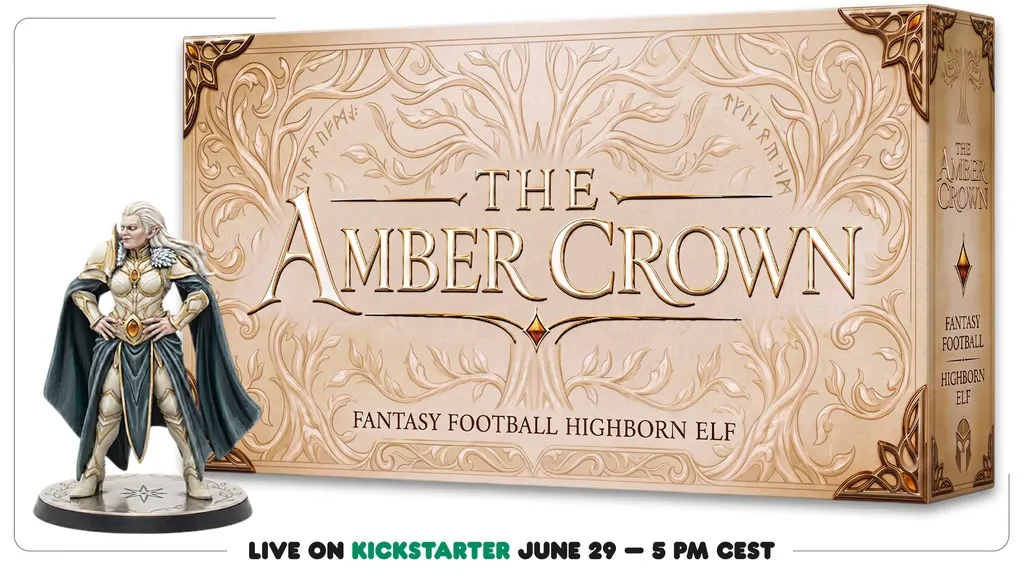 Ornate gold and cream-colored plaque with intricate vine and leaf embellishments framing the text. The plaque reads: "THE AMBER CROWN FANTASY FOOTBALL HIGHBORN ELF." A small, faceted amber-colored gem is embedded near the center. Below the plaque, part of a person's leg is visible, wearing blue jeans and a black sneaker. At the bottom of the image, green text on a black background reads: "LIVE ON KICKSTARTER JUNE 29 — 5 PM CEST."