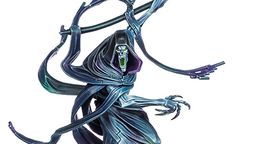 A sleek and dynamic model of the Necron Shard of the Nightbringer, featuring a flowing black and teal cloak that accentuates its ethereal form. The figure wields a large, menacing scythe, with a skeletal face that has a vibrant green mouth, adding to its ominous presence. Surrounding the figure are swirling Scarab swarms, enhancing the character's connection to the Necron lore.