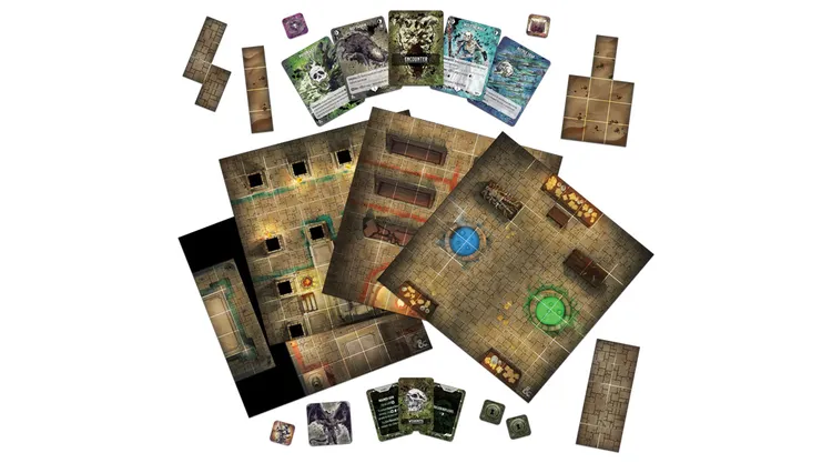 A collection of game components for the Dungeons & Dragons Onslaught: Tomb of Horrors - Maps & Monsters Expansion is displayed. The image features several map tiles with intricate dungeon designs, including rooms with colored circles and various obstacles. Accompanying the tiles are multiple cards, including encounter and monster cards, along with tokens and a few additional game pieces scattered around the scene.