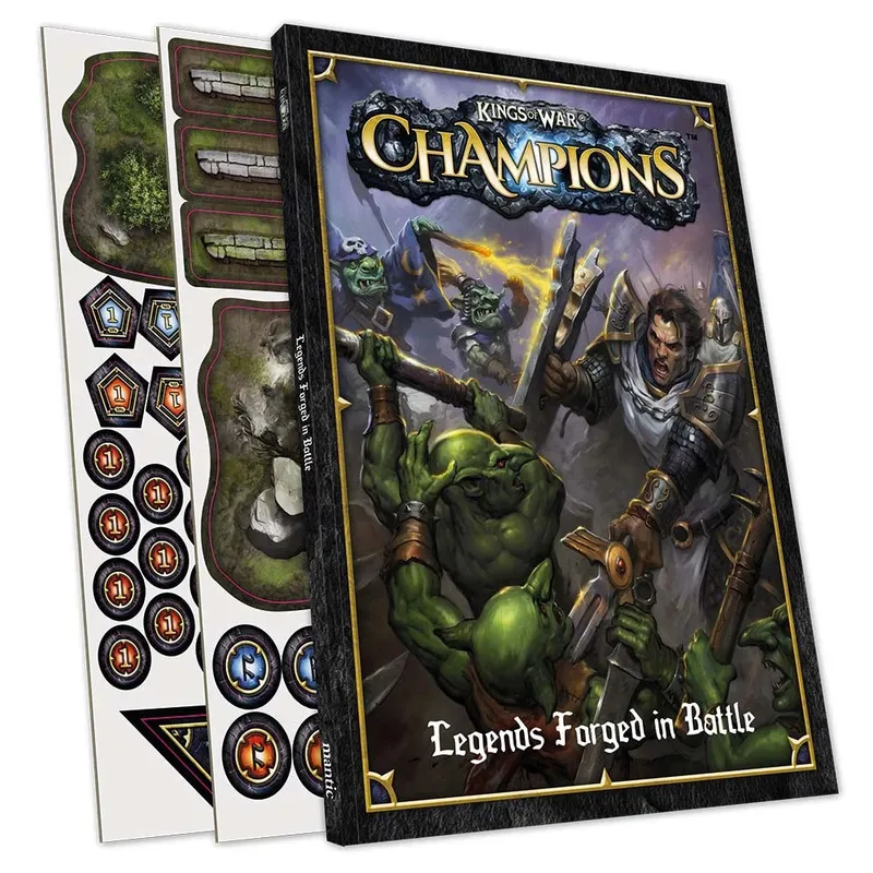 A starter set for Kings of War: Champions, featuring a rulebook titled "Legends Forged in Battle" prominently displayed, alongside sheets of die-cut cardboard counters. The artwork on the cover depicts a fierce battle scene with a human warrior and green-skinned ogres, emphasizing the game's skirmish-scale focus. The counters include various tokens and terrain elements, enhancing gameplay for the included ogre and halfling forces.