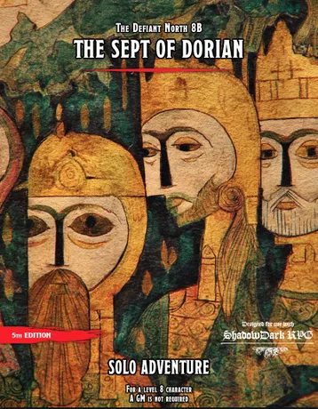 Stylized illustration of three robed figures with elongated faces, text "THE SEPT OF DORIAN" and "5th EDITION"