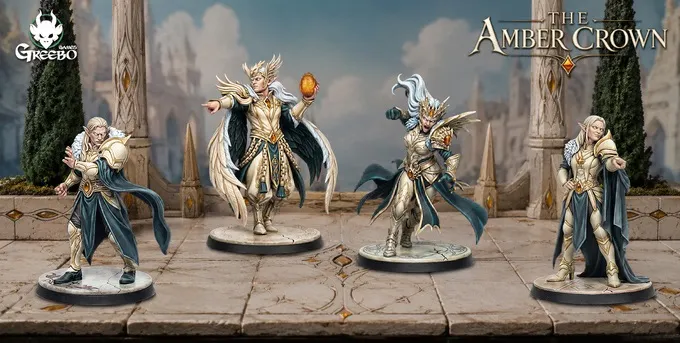 Two painted fantasy miniature figures posed on a stone-textured base. The figure on the left is a high elf wearing ornate silver armor with wing-like protrusions extending from the back and shoulders. The elf holds a glowing amber-colored orb in the right hand, raised slightly forward, and the left arm is extended outward. The figure on the right is a winged creature resembling a griffin or lynx with blue and silver detailing, rearing up on its hind legs. A rider in matching silver armor with a winged helmet sits atop the creature, holding a lance in the right hand. In the background, a misty, gothic-style cityscape with tall spires is visible. The word "Amber" is partially visible in the top right corner.