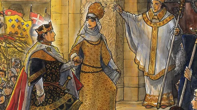 Illustrated book cover for *Pendragon: Noble's Handbook*. At the top, bold white text reads "Noble's Handbook" against a red banner with ornate gold trim. Above this, a blue banner with a gold border displays the word "Pendragon" in white capital letters.

The scene depicts three central figures in medieval attire. On the left, a knight in black and gold armor with a red cloak holds a sword and stands before a crowd of armored soldiers carrying flags bearing a red cross on a white and blue background. In the center, a woman in an elaborate golden dress and crown descends stone steps flanked by intricately carved pillars. To the right, a bishop in white and gold robes, mitre, and carrying a staff stands on the steps, raising a hand in blessing or greeting. At the bottom right, a kneeling man in blue tunic and brown hose appears to be polishing the bishop’s shoes. The background features detailed stone architecture with decorative carvings.