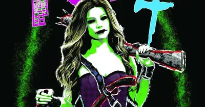 A stylized character with long hair, purple top, and green cybernetic arm holding a large gun. Background features glowing green text with "TOK 4" in large pink and cyan letters. Smaller text includes "Vast Grimm" and "Cybernetic." Character holds a can in left hand.