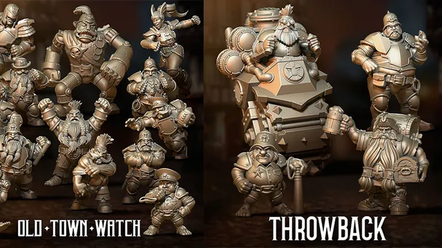 A collection of fantasy football miniatures features a squad from the Old Watch Town team, including three police dwarves, a dwarf blitzer, and two police halflings. A wooden golem and two star players, Klarice and the Judge, are also present. On the right, a selection of Throwback models showcases previous releases, highlighting the diverse range of characters in this expansion.