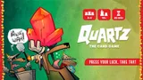 Cartoon gnome in armor holding a red crystal, text "Quartz THE CARD GAME PRESS YOUR LUCK"