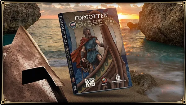 Standing upright on a rocky surface near a body of water is a tabletop role-playing game box set titled "Forgotten Odysseys." The box features an illustration of a bearded man in ancient Greek-style armor and a blue-green cloak, holding a spear and a coiled rope. He stands on the deck of a wooden ship with a carved figurehead at the bow. The background shows a rocky shoreline with waves crashing, and a sunset sky with clouds and distant landforms.

The box spine displays the title "Forgotten Odysseys" vertically in large, stylized white letters. Below the title, the text reads "Mirk Borg" in a smaller, stylized font. At the bottom of the box, logos for "BadEye" and "Broken Door Entertainment" are visible. The edge of another box or object is partially visible to the left.
