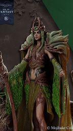 A detailed miniature of Galadren, the Marchwarden Queen, stands prominently, adorned in intricate green and brown attire that resembles foliage, emphasizing her connection to nature. She holds a curved staff, and her long hair is intertwined with leaves, enhancing her elven features. In the background, additional elven figures are partially visible, hinting at the accompanying entourage from the Legends of Aetheron series.