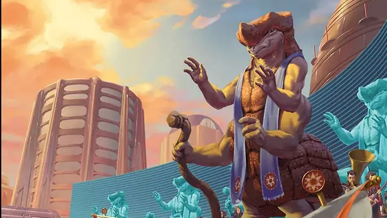 Cover art for The Fifth Frontier War: The Fall of Lanth. A reptilian humanoid figure in ceremonial robes stands on a raised platform, holding a staff and gesturing. Behind him, futuristic buildings and a crowd of similarly styled figures in blue and gold attire.