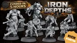 A collection of post-apocalyptic sci-fi gang miniatures is displayed, showcasing various dynamic figures designed for skirmish battles. The miniatures, rendered in a gray color, include characters with distinct features such as bulky armor, weapons, and unique poses, emphasizing their gritty aesthetic. The title "IRON DEPTHS" is prominently featured at the top, along with a badge indicating the campaign was funded in hours, and a "KICKSTARTER" tag in the bottom corner.