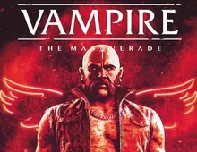 Bald man in leather vest, glowing red wings behind, text "VAMPIRE THE MASQUERADE" above.