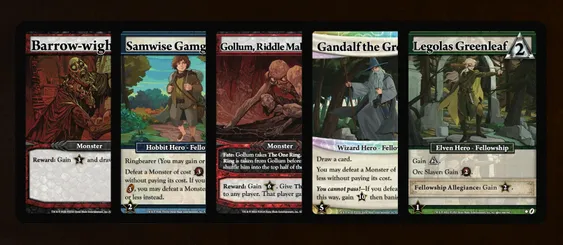 Four character cards from the upcoming Lord of the Rings: Ascension game are displayed. On the left, a card features a menacing Barrow-wight, illustrated with a skeletal figure, labeled as a Monster. The second card showcases Samwise Gamgee, depicted as a cheerful Hobbit Hero in a vibrant landscape, with abilities related to the Ring. The third card presents Gollum, illustrated in a dark, eerie setting, also categorized as a Monster, with a fate mechanic involving The One Ring. The fourth card is not fully visible but appears to continue the theme of characters from the Lord of the Rings universe.