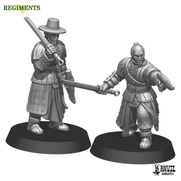 Two gray miniatures of armed soldiers in traditional Korean-inspired armor on black bases.