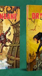 Two new expansions for the Dragonbane RPG are displayed: "Arkand: City of Waves and Flames" on the left and "Book of Magic" on the right. The cover of "Arkand" features a character in a red cloak, standing on a dock with a cityscape in the background, while "Book of Magic" showcases a dark figure wielding a staff, accompanied by a menacing wolf and skeletal figures. Both books have vibrant, detailed artwork and are set against a green background.