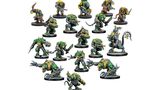 A diverse group of Verr-Myn miniatures is displayed, showcasing various characters from the faction. Prominent figures include heavily armored Stalkers and Runners wielding weapons, alongside smaller Thralls and a formidable Crone Mother with bio-augmented features. The miniatures feature a mix of green and gray colors, with intricate details highlighting their cybernetic enhancements and weaponry, all set against a plain white background.