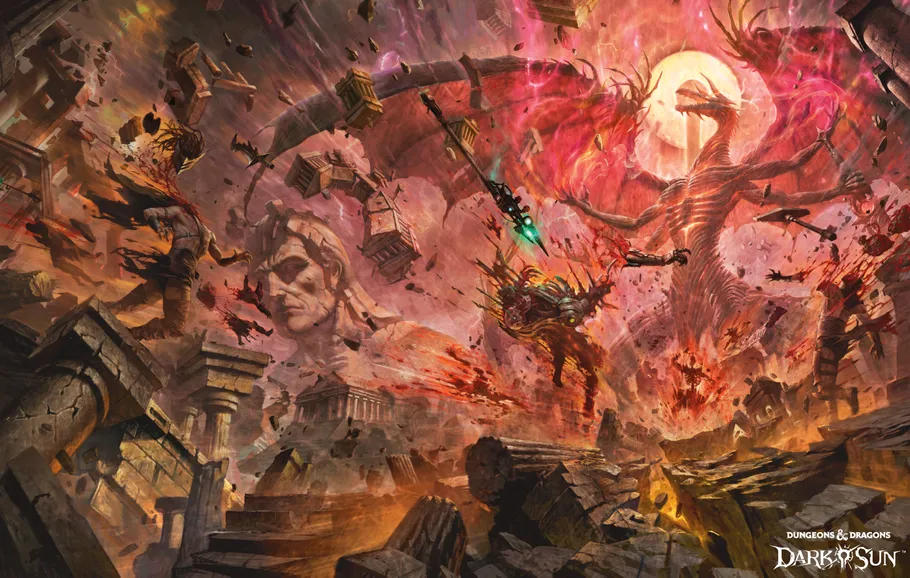 Giant stone head, crumbling ruins, fiery sky, dragon-like creature, armored figure with spear.