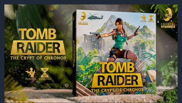 The image features the box art for the board game "Tomb Raider: The Crypt of Chronos." Prominently displayed is a dynamic depiction of Lara Croft, dressed in a teal tank top and cargo shorts, holding a gun in each hand, set against a lush, green jungle backdrop with ancient ruins. The title of the game is boldly presented in yellow text at the bottom, alongside details indicating it is designed for 1 to 4 players and has a playtime of approximately 180 minutes. The overall design conveys a sense of adventure and exploration, fitting for the Tomb Raider theme.