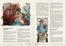 A page from the quickstart rules for "Broken Lands: Adventures between Law and Chaos" features two distinct illustrations. On the left, a chaotic scene depicts a fierce battle between a monstrous creature and a warrior, showcasing dynamic poses and vivid colors. On the right, a more serene figure is illustrated, adorned in elaborate clothing, surrounded by mystical symbols, hinting at the supernatural elements of the game. Text sections provide information on combat situations and the game's setting, enhancing the dark fantasy theme.