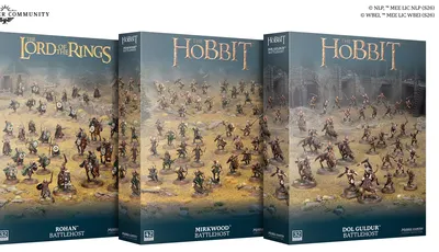 Two boxes labeled "Mirkwood Battlehost" and "Dol Guldur Battlehost" with miniature figures and "The Hobbit" text.