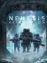 Three figures in futuristic space suits and helmets walk through a dimly lit, industrial corridor with exposed pipes and wiring. Each holds a large firearm. The central figure is slightly ahead, aiming their weapon forward. A red laser sight is visible. The background features a large archway with glowing blue and purple lighting. Above them, the text "NEMESIS RETALIATION" is prominently displayed in white capital letters. In the bottom right corner, the Awaken Realms logo is visible.