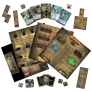 A collection of game components for the Dungeons & Dragons Onslaught: Tomb of Horrors - Maps & Monsters Expansion is displayed. The image features several dungeon map tiles with intricate stone patterns, some showing traps and treasure areas, along with various character and encounter cards. Additionally, there are tokens and a purple die, all arranged to showcase the game's cooperative gameplay elements and the randomization of dungeon layouts.
