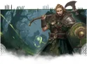 A warrior stands confidently in a dark, mystical forest, holding a battle axe in one hand and a round shield in the other. Dressed in a green tunic with a fur-lined collar and adorned with various metallic accessories, the character exudes a sense of strength and readiness for adventure. The background features shadowy trees and a faint, glowing light, hinting at the magical and mysterious elements of the setting.