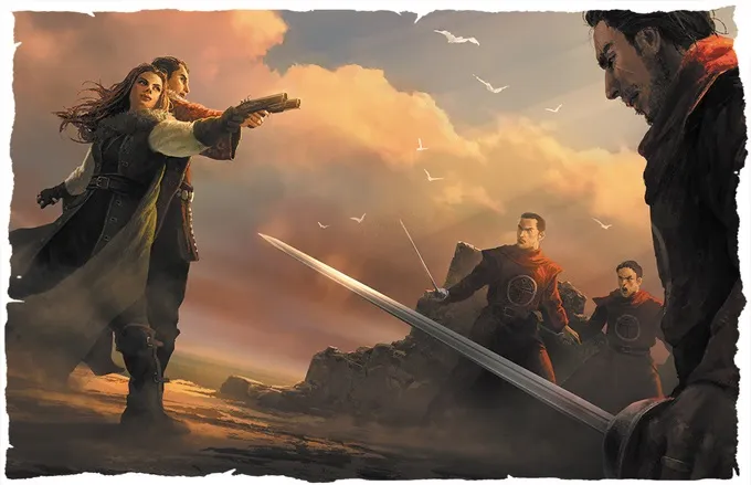A dramatic scene depicts a standoff between a woman wielding a pistol and a group of three men, two of whom are armed with swords. The woman, dressed in a long coat, stands confidently with her gun aimed, while the men, wearing red cloaks, appear tense and ready for confrontation. The background features a moody sky with clouds and seagulls, enhancing the adventurous atmosphere of the setting.
