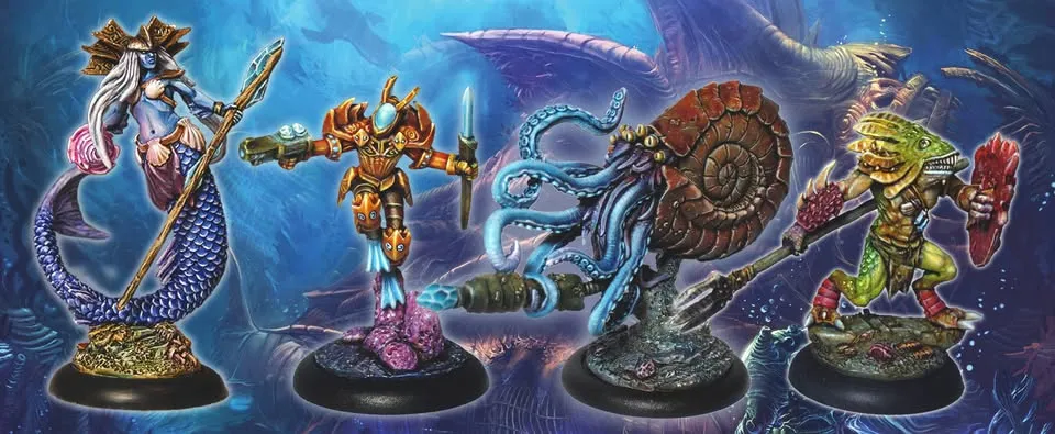 A vibrant underwater scene features four intricately designed miniatures from the game DeepWars. On the left, a mermaid with a flowing tail and a trident stands poised, while next to her, a steampunk diver in ornate armor brandishes a weapon. The third figure is a tentacled creature wielding a harpoon, and on the far right, a colorful, armored being with a shell-like back holds a spear. The background showcases a fantastical underwater landscape filled with swirling colors and marine elements.