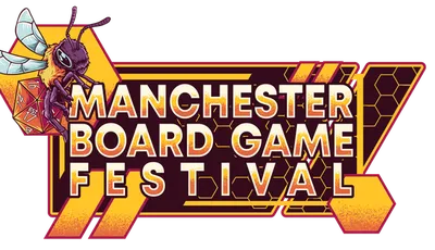 A vibrant logo for the Manchester Board Game Festival features a stylized bee holding a red dice, set against a geometric background of yellow and maroon. The text "MANCHESTER BOARD GAME FESTIVAL" is prominently displayed in bold, white letters, with a dynamic design that includes hexagonal shapes and lines. The overall aesthetic conveys a fun and energetic atmosphere, suitable for a board game event.