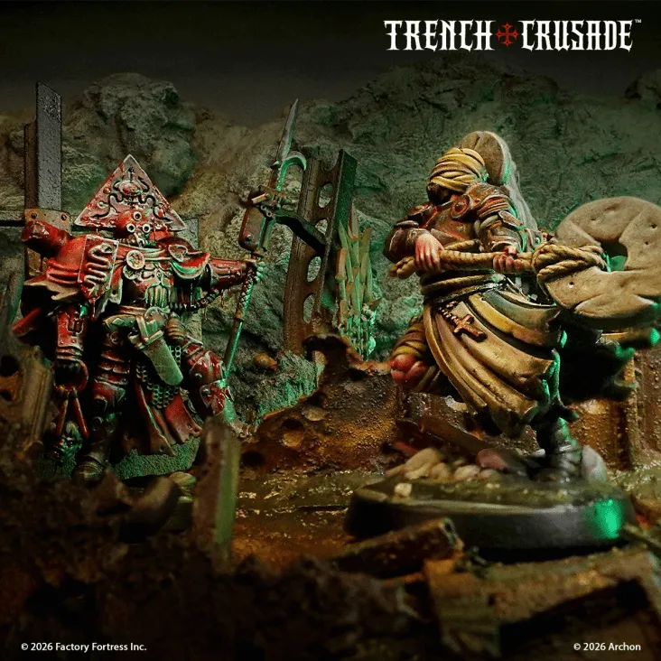 Two intricately designed miniatures from the Trench Crusade game face off in a grim, war-torn landscape. On the left, a figure clad in red armor adorned with symbols and a distinctive helmet wields a weapon, while on the right, a robed character with a shield and a weapon stands ready for battle. The background features a desolate terrain with debris and ruins, illuminated by a greenish light, enhancing the dark atmosphere of the scene.