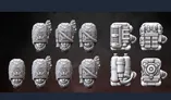 The image features a collection of miniature accessories designed for tabletop gaming. On the left side, there are six detailed heads wearing ornate helmets adorned with feathers, showcasing intricate facial features. On the right side, there are four different types of equipment, including a tech pack, a canister, and a mechanical device, all rendered in a gray, unpainted finish, emphasizing their sculptural details. The overall presentation highlights the craftsmanship and design intended for the British Space Force range.