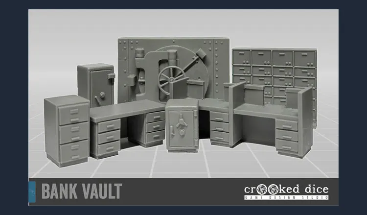 A detailed resin terrain kit depicting a bank vault scene, featuring a large vault door with a wheel mechanism at the center. Surrounding the vault are various pieces of furniture, including filing cabinets, desks, and a safe, all rendered in a gray color. The arrangement suggests a secure and organized space, ideal for tabletop gaming scenarios.