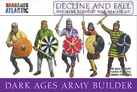 A group of four Dark Age warriors is depicted, each holding various weapons and shields. The figures are dressed in colorful tunics, with one wearing a green tunic and another in purple, showcasing a mix of styles and armor. The background features the title "DARK AGES ARMY" prominently displayed, along with the Wargames Atlantic logo at the top.