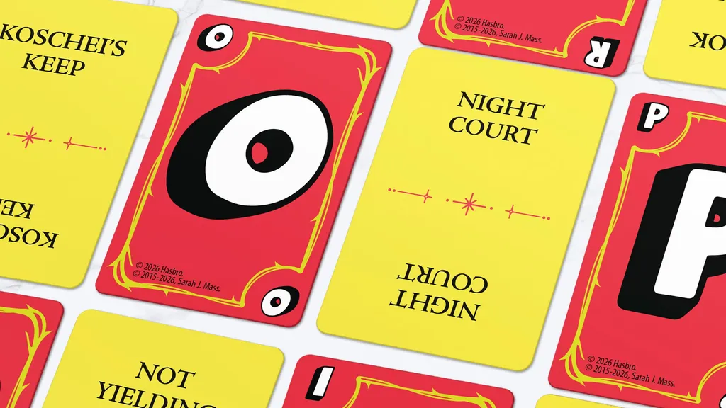 Five game cards with large black letters on red and yellow backgrounds. Visible text: "KOSCHEI'S KEEP," "NIGHT COURT," "LUCIN'S GOLDEN EYE," "SUMMER COURT," "NOT YIELDING," and "PRIORITIES" logo with small stars. ©2015-2026, Sarah J. Maas.