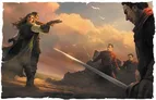 A dramatic scene depicts a standoff between a woman wielding a pistol and a group of three men, two of whom are armed with swords. The woman, dressed in a long coat, stands confidently with her gun aimed, while the men, wearing red cloaks, appear tense and ready for confrontation. The background features a moody sky with clouds and seagulls, enhancing the adventurous atmosphere of the setting.