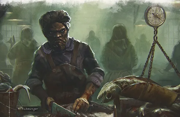 Man in suspenders holding a scalpel over a fish-like creature, foggy background with figures.