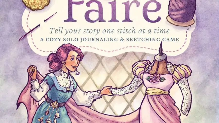 Stitchery Faire, Tell your story one stitch at a time, thimble, spool, woman sewing a dress.